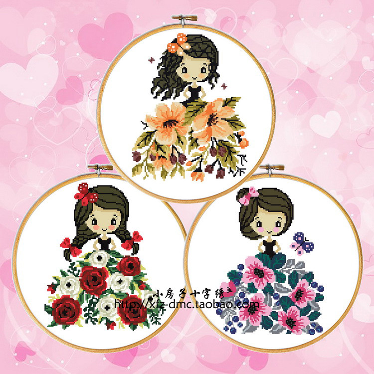 小房子十字绣 正品DMC线 花朵女孩系列 简单手工礼物圆形diy挂画