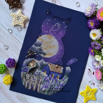 ເຮືອນນ້ອຍ Cross Stitch ຂອງແທ້ຝຣັ່ງ DMC Thread Moonlight cat ສີຟ້າຊ້ໍາສີ່ລະດູການກັບຄືນໄປບ່ອນ Silhouette ຫ້ອງດໍາລົງຊີວິດ