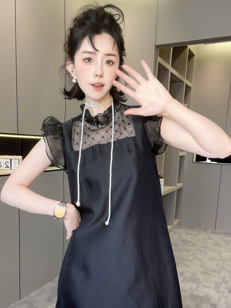 RR fashion 连衣裙女2024夏季新款法式拼接网纱钉珠木耳边裙子 - 图2