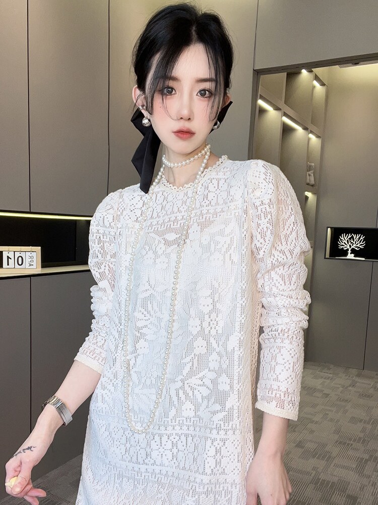 RR fashion 长袖连衣裙女2024夏季新款法式蕾丝钩花镂空直筒长裙