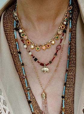 复古法式彩珐琅花朵串珠项链手链