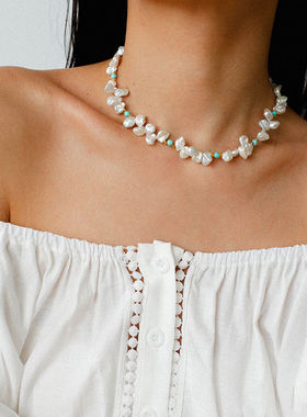 复古巴洛克花瓣珍珠蓝松色项链女