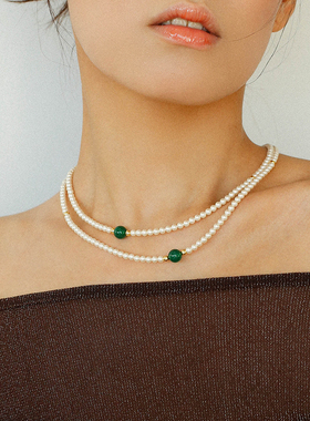新中式珍珠绿玛瑙长款项链毛衣链