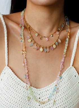 清新糖果色天然石水晶串珠项链女