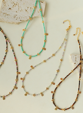 法式复古mini天然石串珠小花项链