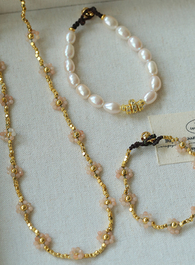 法式复古太阳石花朵珍珠项链手链