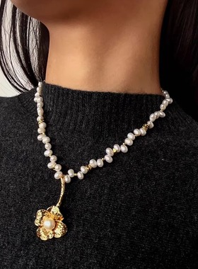 法式复古金色花朵天然珍珠项链女
