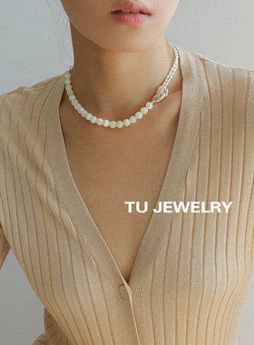 小众设计天然珍珠白蝶贝拼接项链