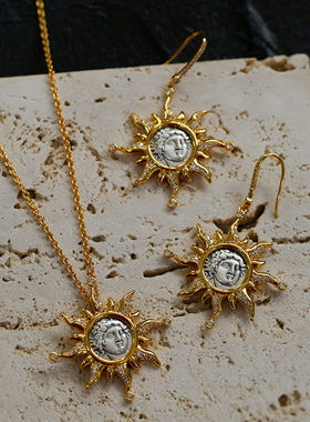 太阳神阿波罗古银币项链耳环