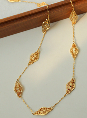 法式复古金色镂空花纹项链毛衣链