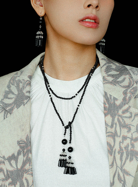 原创设计复古黑玛瑙流苏长款项链