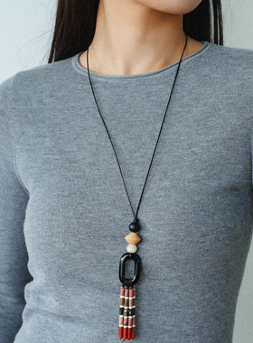 游牧自由风格天然石流苏木珠项链