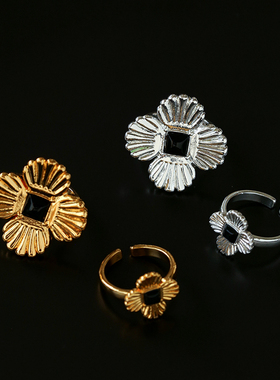 小众复古扶桑花黑玛瑙开口戒指女