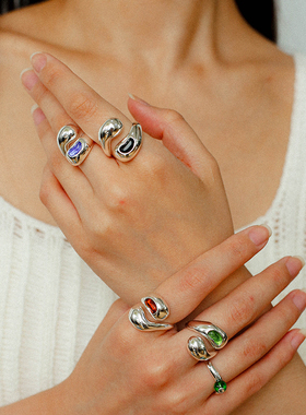 欧美ins交叉水滴彩琉璃开口戒指