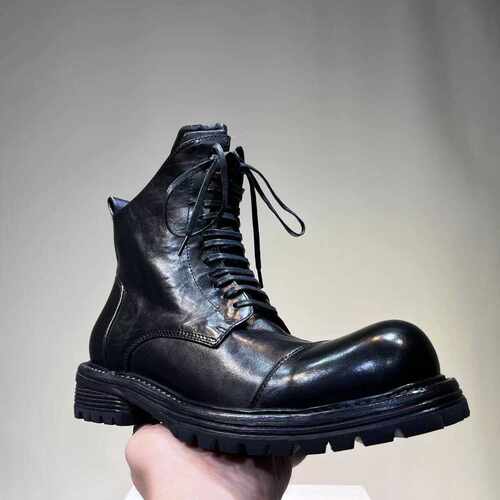 2024秋冬新款复古马皮马丁靴男真皮厚底增高短筒机车靴子高帮皮鞋 - 图1