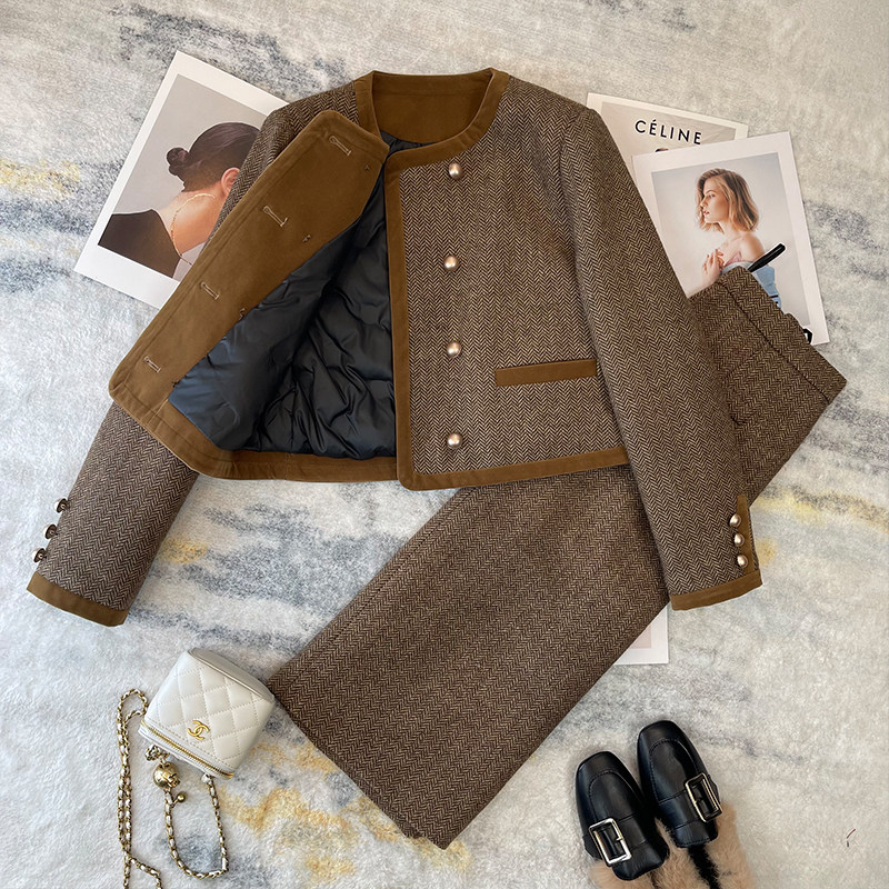 人字呢小香风羽绒服套装女2025冬季新款拼接撞色短外套长裙两件套,淘宝优惠券,粉丝福利购,淘宝优惠卷