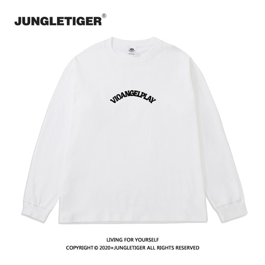 丛林老虎美式天使印花长袖t恤男嘻哈高街纯棉宽松白色打底衫上衣