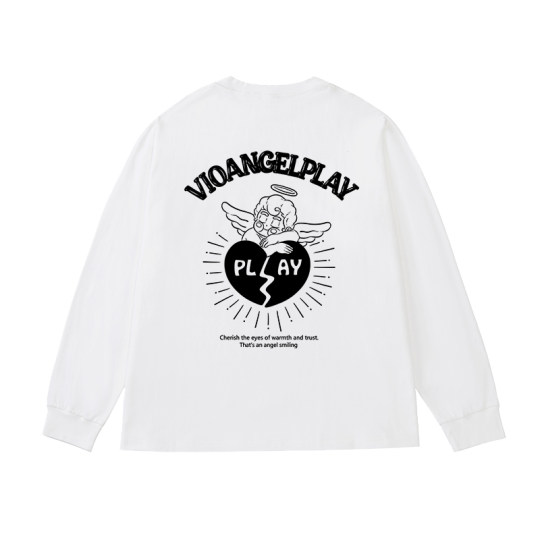 丛林老虎美式天使印花长袖t恤男嘻哈高街纯棉宽松白色打底衫上衣