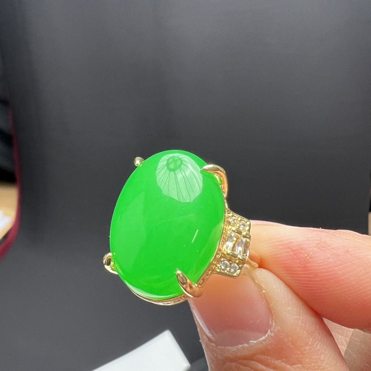 Natural Burmese a-grade jadeite ice seed sun green large egg face ring live ring 14k gold inlaid female genuine female ring