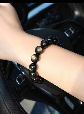 正品黑曜石手链双金眼金曜石手链男女款串单圈金耀石水晶饰品14mm