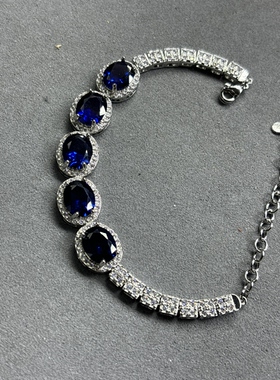 天然蓝宝石手链女款时尚新款钻石手链超闪火彩好925银镶轻奢时尚