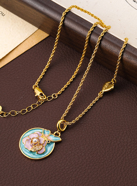 原创清新蝴蝶花朵吊坠油画彩色多巴胺项链女高级感轻奢小众锁骨