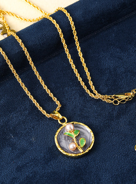 原创复古轻奢珐琅油画天然珍珠女士项链吊坠小众设计高级感锁骨