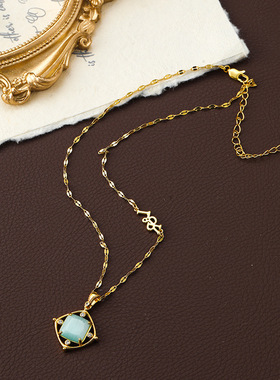 lossyrow时尚小众轻奢复古简约几何猫眼石吊坠项链秋冬高级锁骨