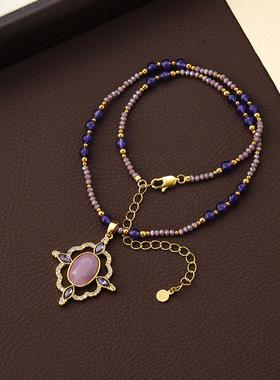 原创复古宫廷紫色天然石串珠项链女百搭高级感时尚气质吊坠锁骨