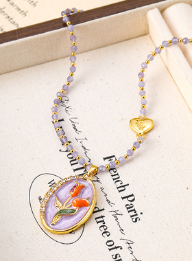 原创郁金香油画风猫眼石串珠项链女轻奢百搭高级感简约锁骨链