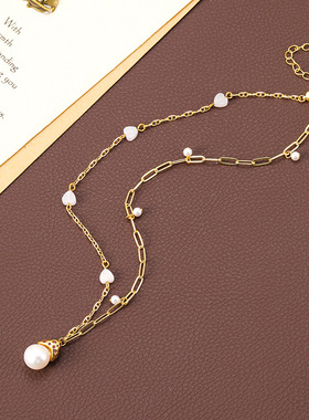 原创通勤蘑菇造型精致小巧镶锆淡水珍珠拼接链项链锁骨链时尚