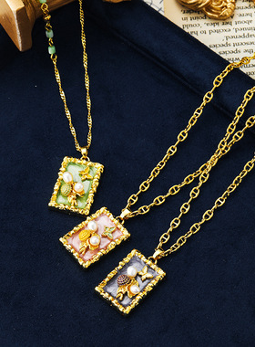 原创中古油画天然珍珠蝴蝶新中式项链女轻奢小众复古高级感锁骨