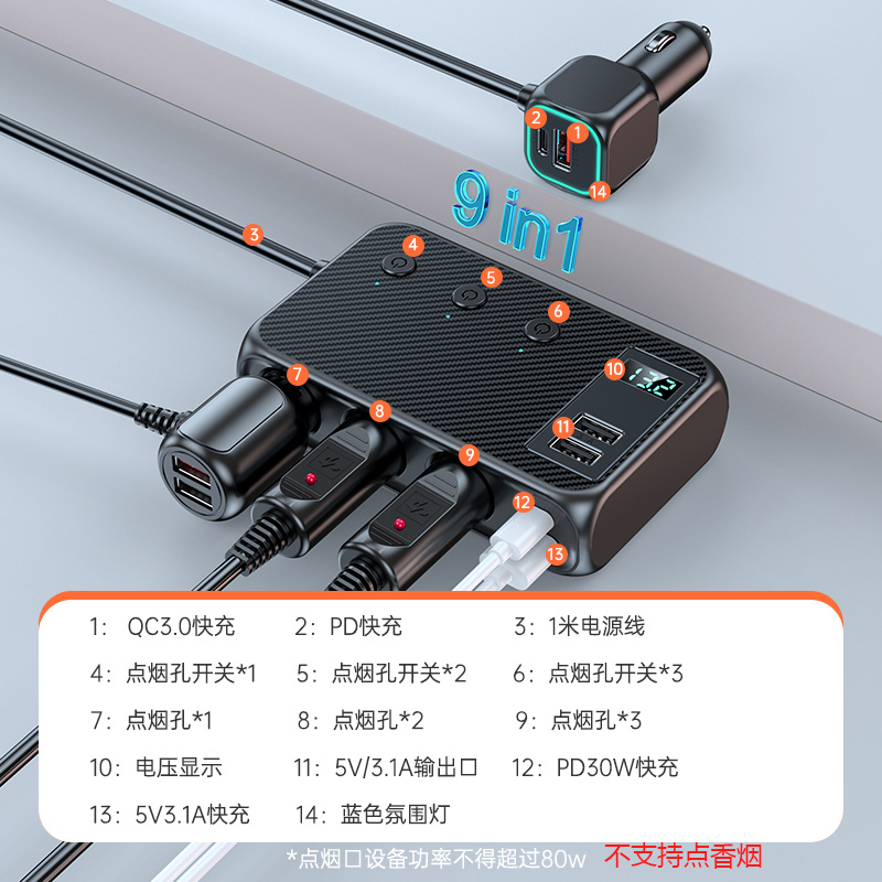 车载充电器转换接口手机快充大功率车充点烟器插头12V24V汽车通用