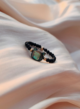 巴度极细黑猫戒指日系天然水晶石黑水晶个性珠串指环