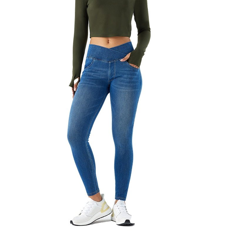 欧美跨境猫须马骝瑜伽牛仔裤女 高腰交叉紧身弹力显瘦运动休闲裤,淘宝优惠券,粉丝福利购,淘宝优惠卷