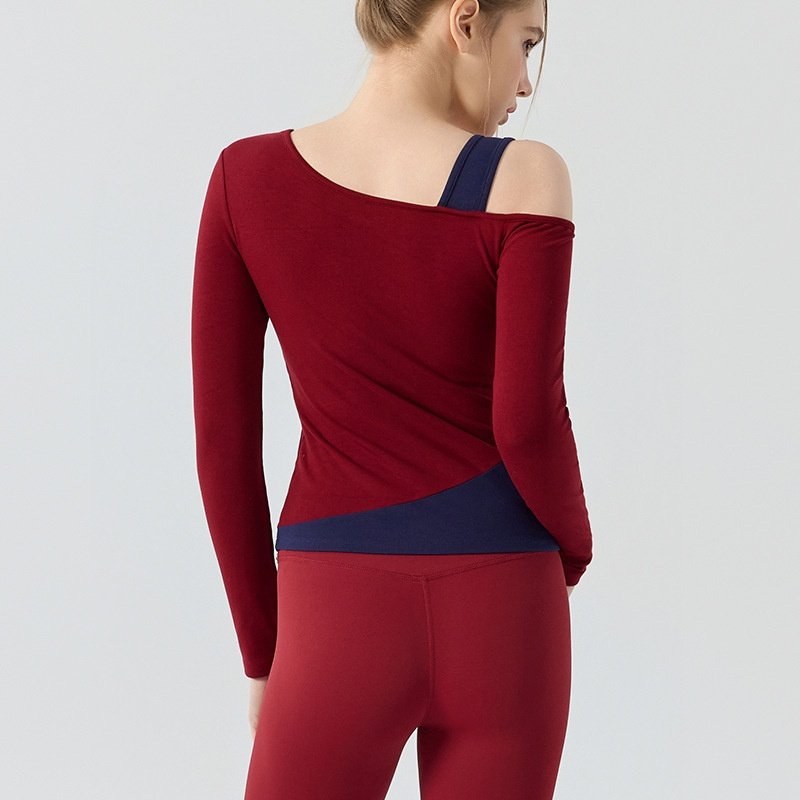 瑜伽服长袖t恤带胸垫 撞色假两件露肩运动上衣普拉提训练健身服女,淘宝优惠券,粉丝福利购,淘宝优惠卷