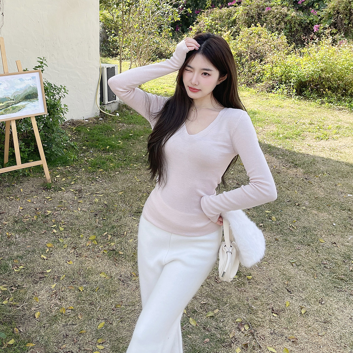 一体机100%羊毛V领针织衫内搭毛衣2025秋冬打底衫修身设计感上衣,淘宝优惠券,粉丝福利购,淘宝优惠卷