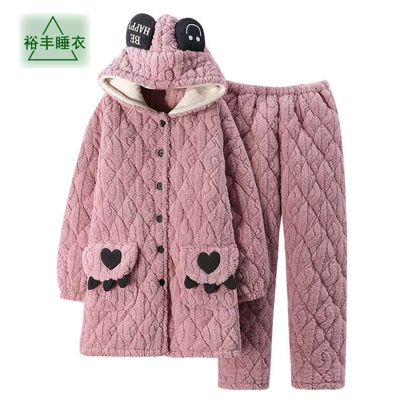 超厚睡衣少女冬季三层加厚珊瑚绒夹棉长袖韩版可爱卡通家居服套装 - 图3