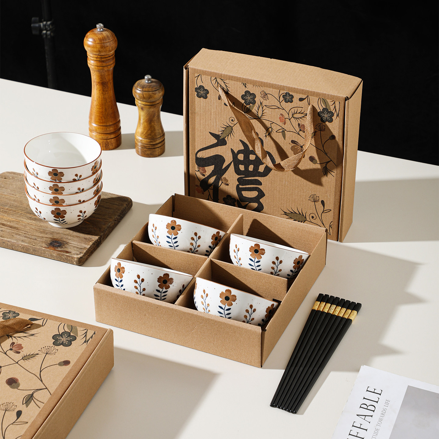 陶瓷碗筷小礼品开业活动伴手礼复古花碗筷礼盒装商务团建礼品定制
