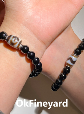 OkFineyard天然黑曜石天珠手串女小众设计虎眼石招财转运串珠手链