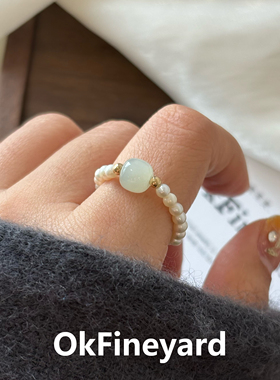 OkFineyard【玉露】天然珍珠和田玉戒指女小众设计轻奢高级感指环