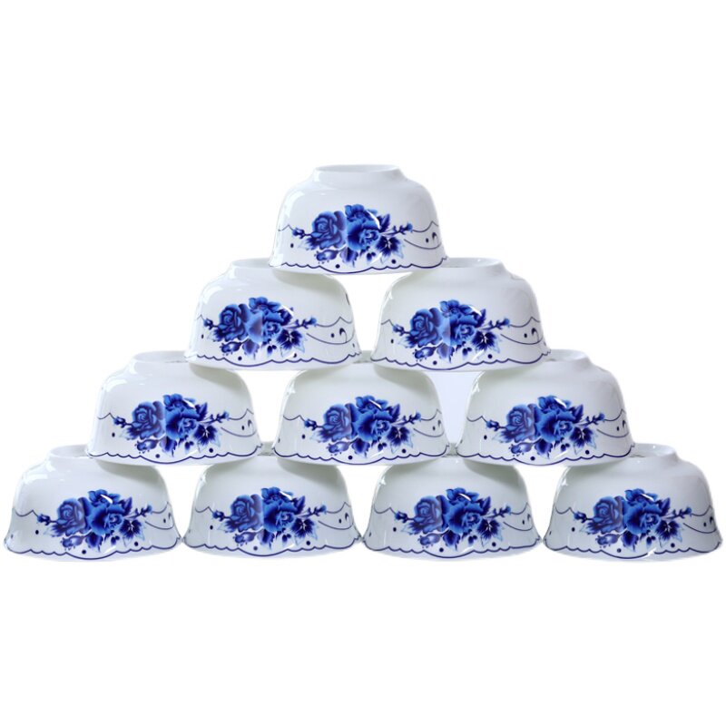 青花瓷碗套装家用骨瓷米饭碗10个装景德镇陶瓷饭碗吃饭碗定制logo