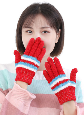 成人珊瑚绒保暖加厚手套糖果色条纹毛圈女生五指手套防冻防寒户外