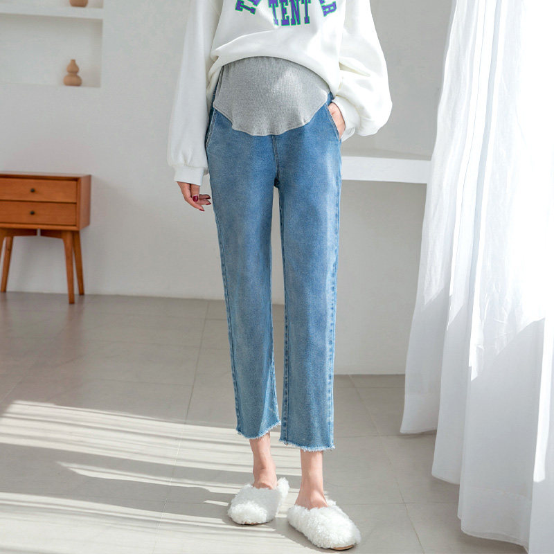 孕妇裤九分弹力春夏直筒宽松牛仔裤 金安雅孕妇直筒裤