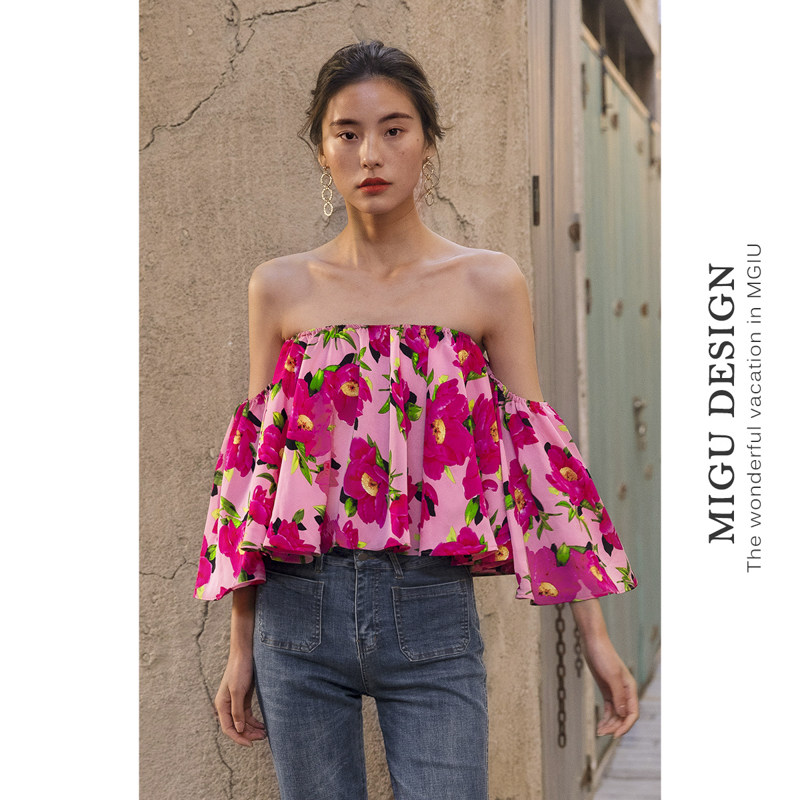 一字肩碎花抹胸女外穿夏高级感衬衣 弥古蕾丝衫/雪纺衫