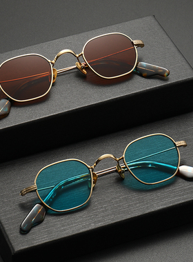 蓝色纯钛太阳镜个性小框椭圆形复古墨镜男女近视可配度数防紫外线