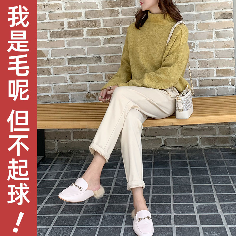 雅羊人旗舰店毛呢哈伦裤女裤子秋冬季宽松直筒显瘦九分萝卜休闲加绒加厚奶奶裤0