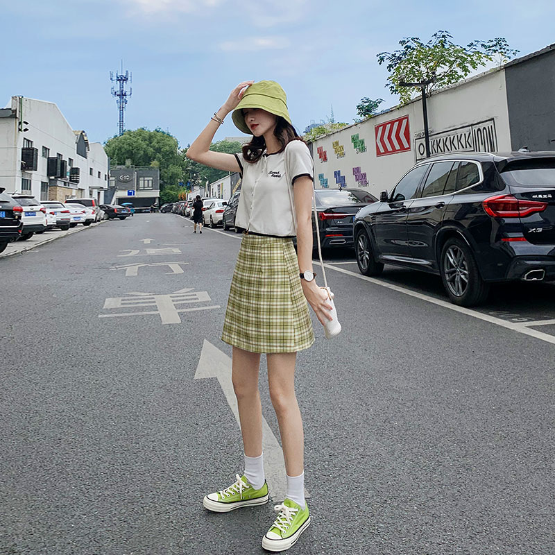雅羊人旗舰店格子半身裙女年夏季新款夏天学生韩版高腰a字裙蓝色bm风短裙1