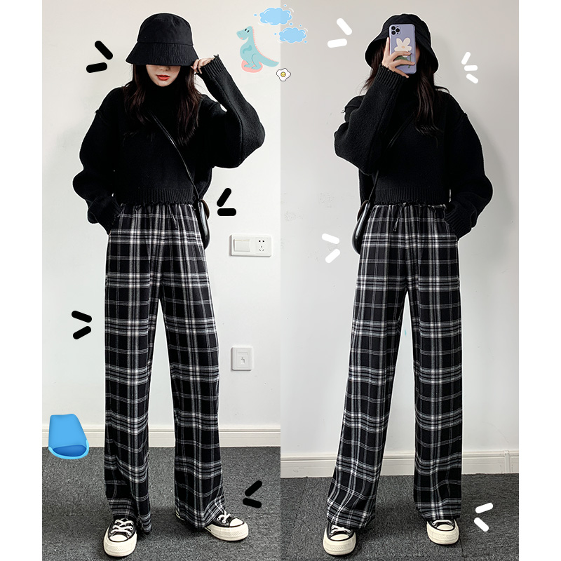 雅羊人旗舰店黑白格子裤子女宽松直筒显瘦百搭休闲春秋季高腰垂感秋冬阔腿长裤0