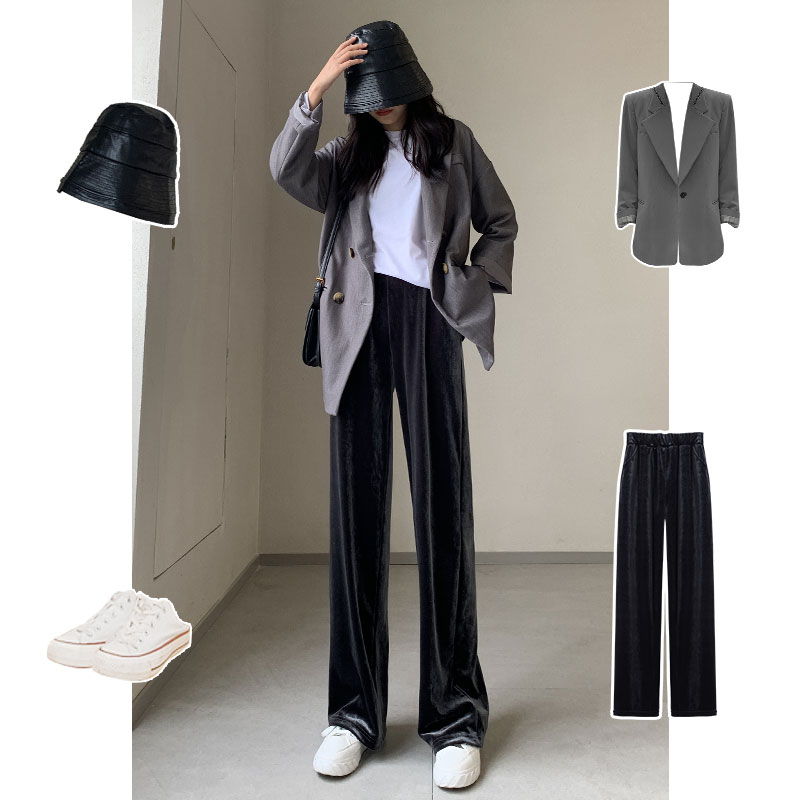 雅羊人旗舰店金丝绒阔腿裤女裤秋冬季高腰垂感宽松直筒垂坠感拖地丝绒休闲长裤1